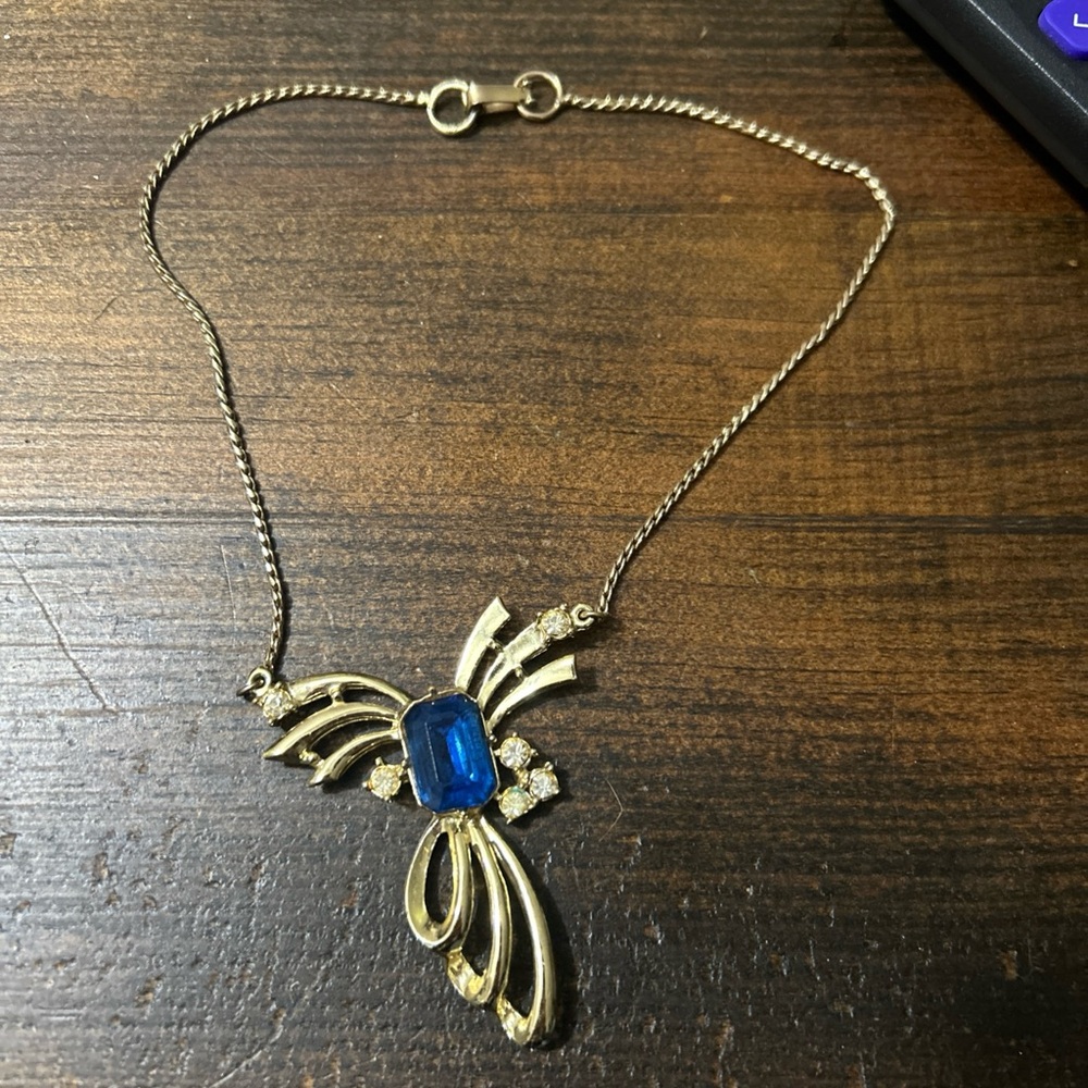 12” Choker Elegant Gold Vintage Necklace with Blue Gemstone